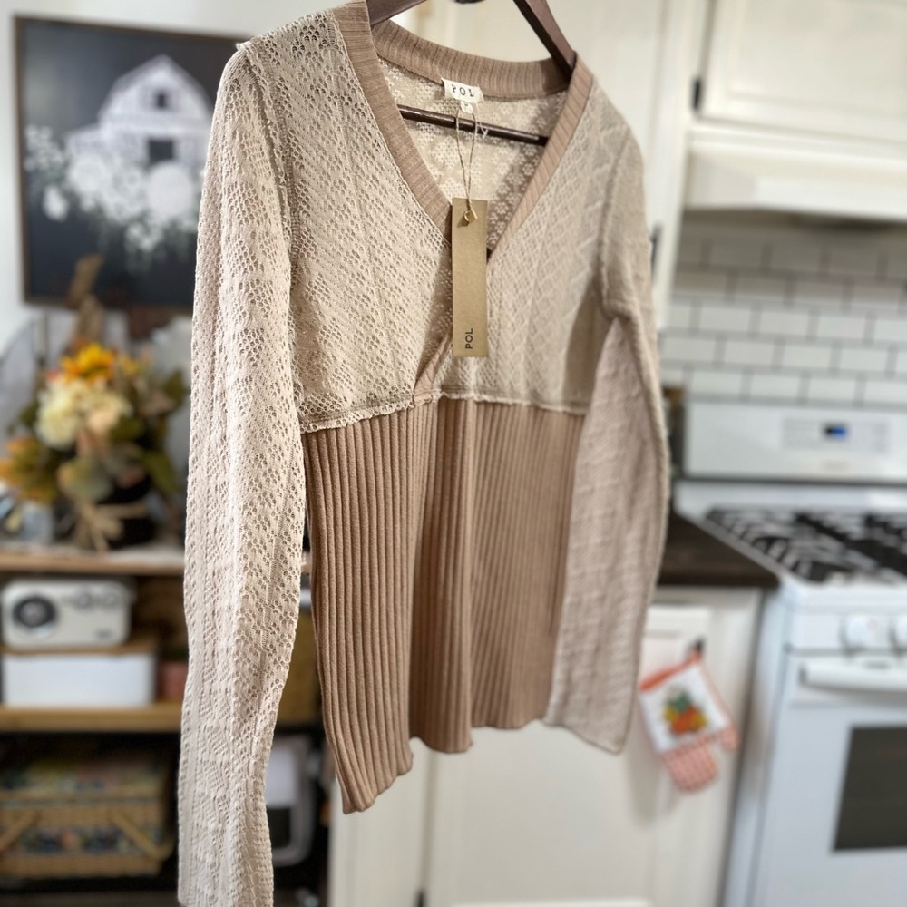 New POL Knit Crochet Raw Hem Overlay Sweater Women’s size Small - Picture 13 of 16